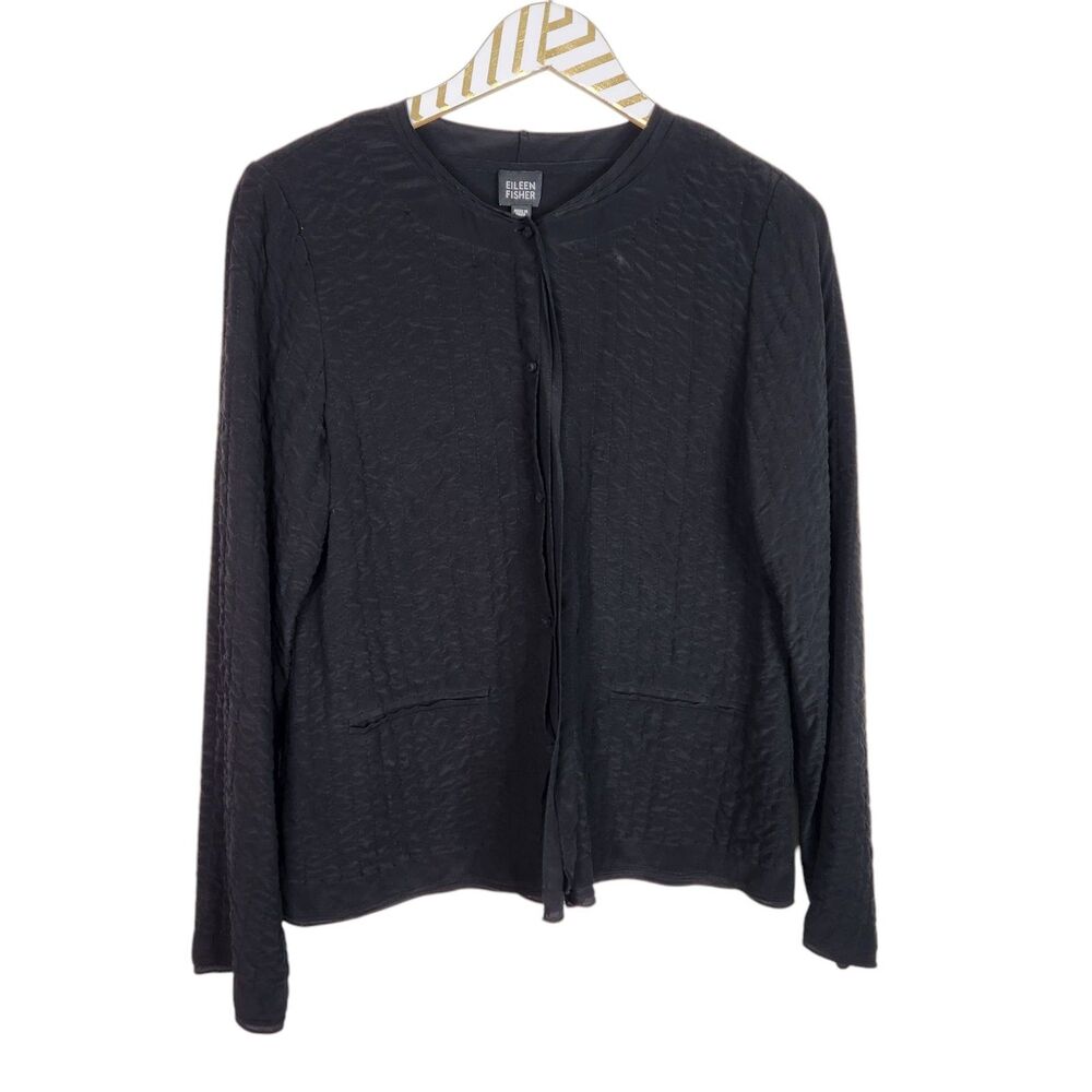 EILEEN FISHER Top Womens Small‎ Black Silk Textured Button Silk Jacket Academia